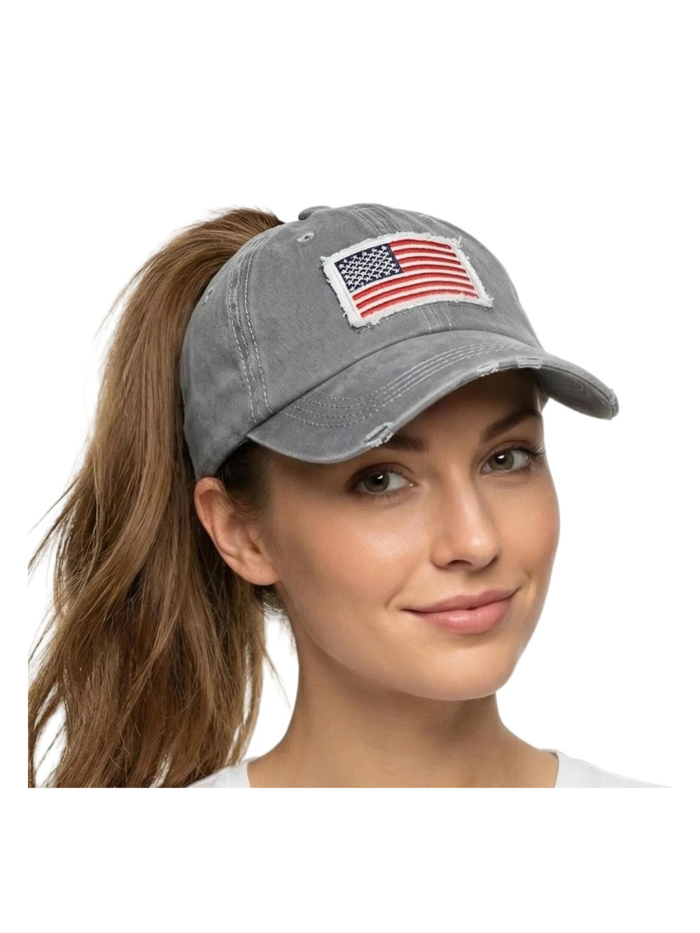 Womens High Ponytail Messy Bun Baseball Caps | Classic Flag Gray | Size OS